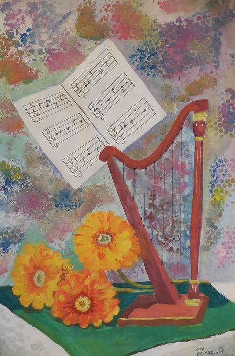 Art Studio PALETTE. Dara Ardjieva Picture.  Tempera Still Life Music Spring Rhapsody