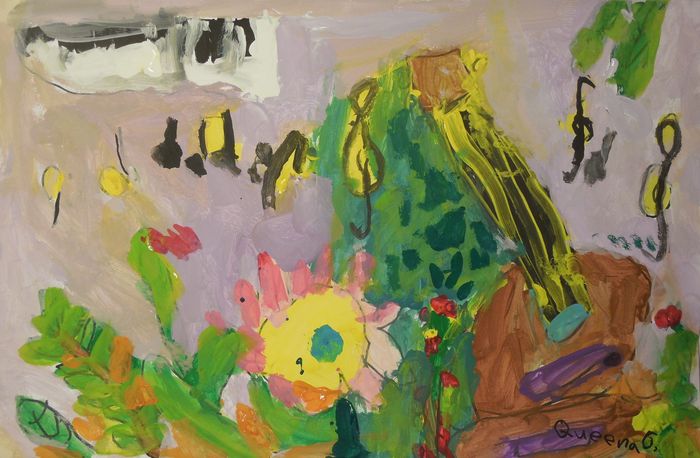 Art Studio PALETTE. Queena Wong Picture.  Tempera Still Life Music 