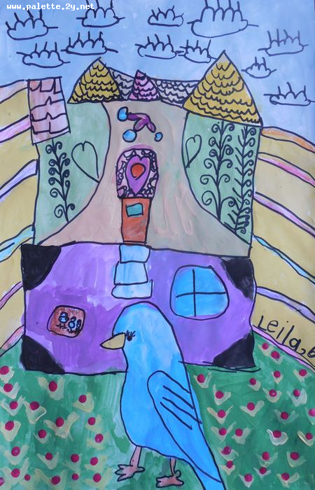 Art Studio PALETTE. Leila Cox Picture.  Marker, Tempera Landscape Houses 