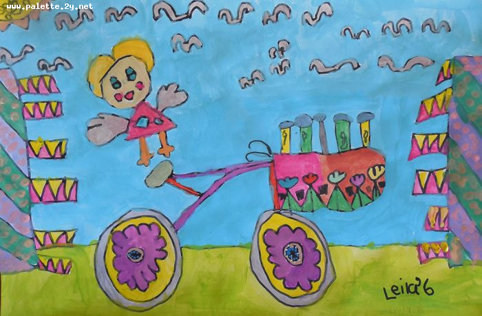 Art Studio PALETTE. Leila Cox Picture.  Marker, Tempera Design Bicycle Happy Ride
