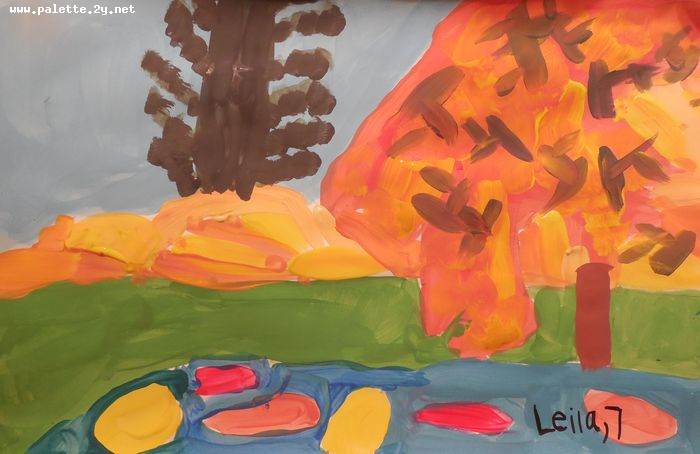 Art Studio PALETTE. Leila Cox Picture.  Tempera Landscape Fall 