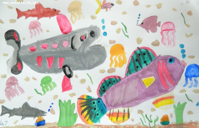 Art Studio PALETTE. Leila Cox Picture.  Tempera Animals Fish 