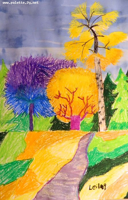 Art Studio PALETTE. Leila Cox Picture.  Oil Pastel Landscape Fall 