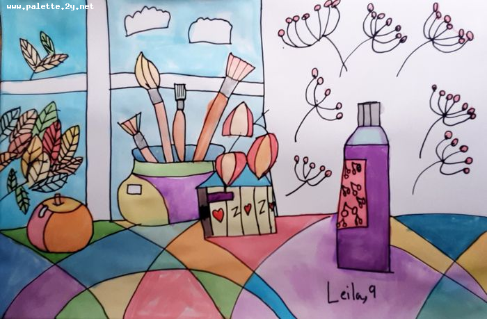 Art Studio PALETTE. Leila Cox Picture.  Watercolour, Ink Still Life Contour Line Drawing 