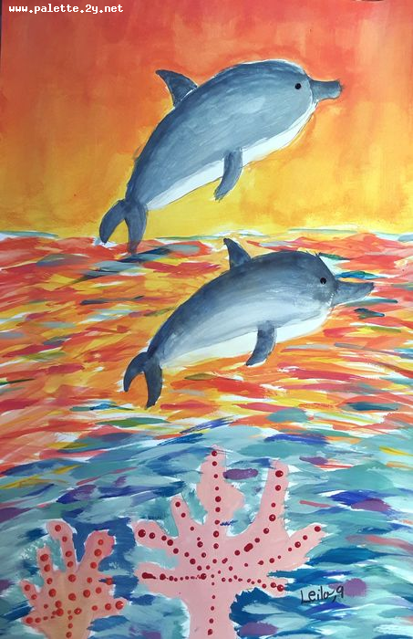 Art Studio PALETTE. Leila Cox Picture.  Tempera Animals Fish 