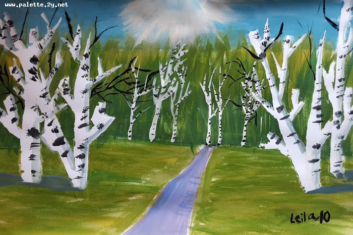 Art Studio PALETTE. Leila Cox Picture.  Tempera Landscape Trees 