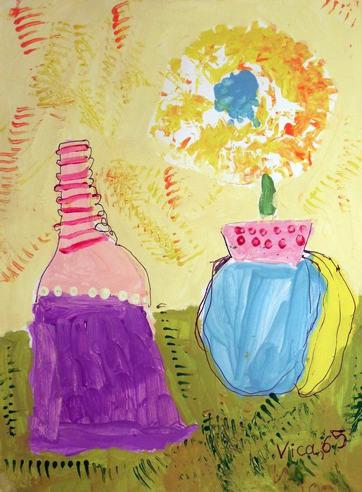 Art Studio PALETTE. Victoria Zhaiek Picture.  Marker, Tempera Still Life Bottles 