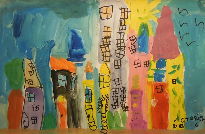 Art Studio PALETTE. Victoria Zhaiek Picture.  Marker, Tempera Landscape Houses 