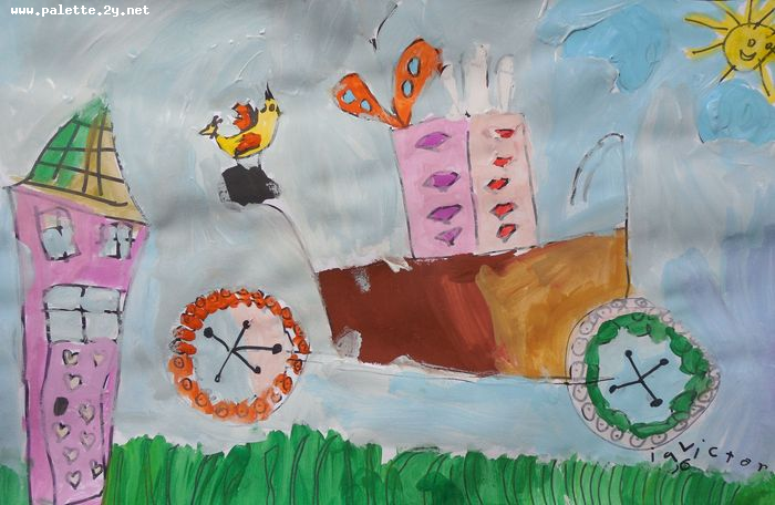 Art Studio PALETTE. Victoria Zhaiek Picture.  Tempera Design Bicycle 