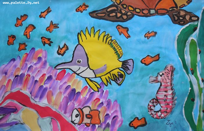 Art Studio PALETTE. Ziya Merchant Picture.  Tempera Animals Fish 