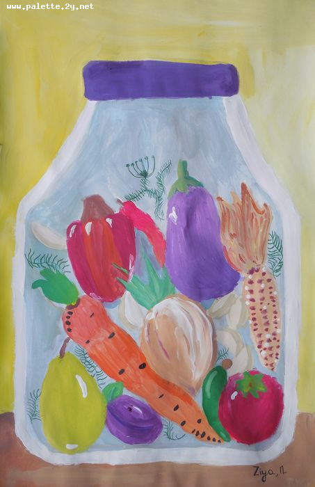 Art Studio PALETTE. Ziya Merchant Picture.  Tempera Still Life Fruits & Vegi 