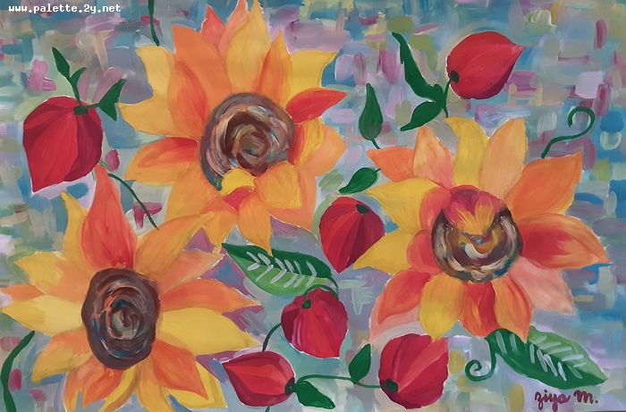 Art Studio PALETTE. Ziya Merchant Picture.  Tempera Plants Sunflowers 