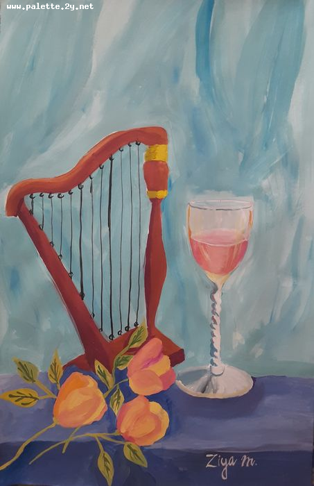 Art Studio PALETTE. Ziya Merchant Picture.  Tempera Still Life Music 